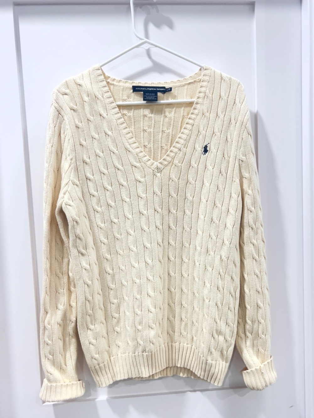 Ralph Lauren Sport Cotton V Neck Cream Cable Sweater Blue Pony Logo  Size XL